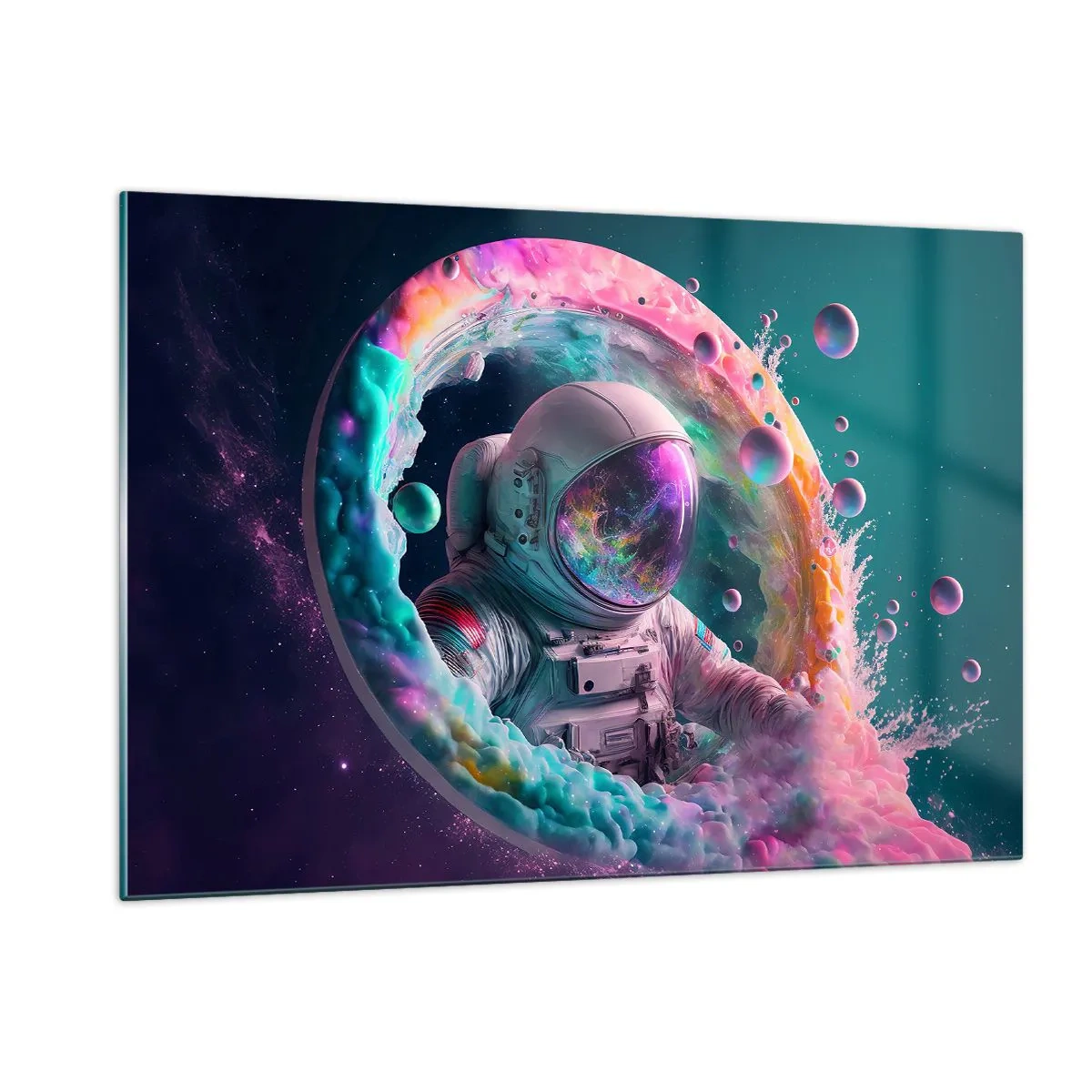 Glasbild - Bild auf glas - Astronaut im farbenfrohen Weltraum - 120x80cm - Sternentor - Moderne Wanddekoration für Wohnzimmer und Schlafzimmer ARTTOR