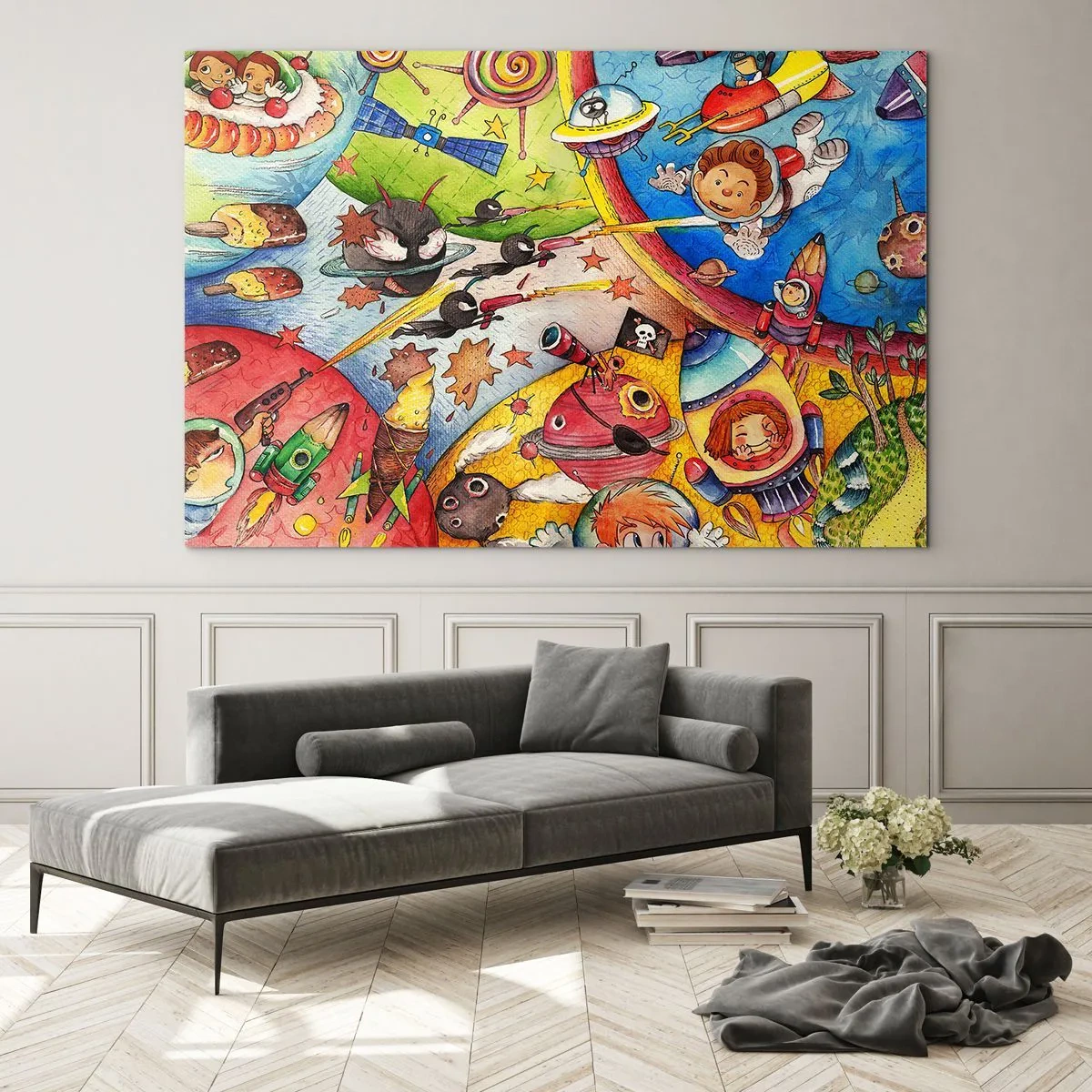 Glasbild - Bild auf glas - Eine farbenfrohe Illustration eines Weltraumabenteuers für Kinder - 120x80cm - Tolles Weltraumabenteuer - Moderne Wanddekoration für Wohnzimmer und Schlafzimmer ARTTOR