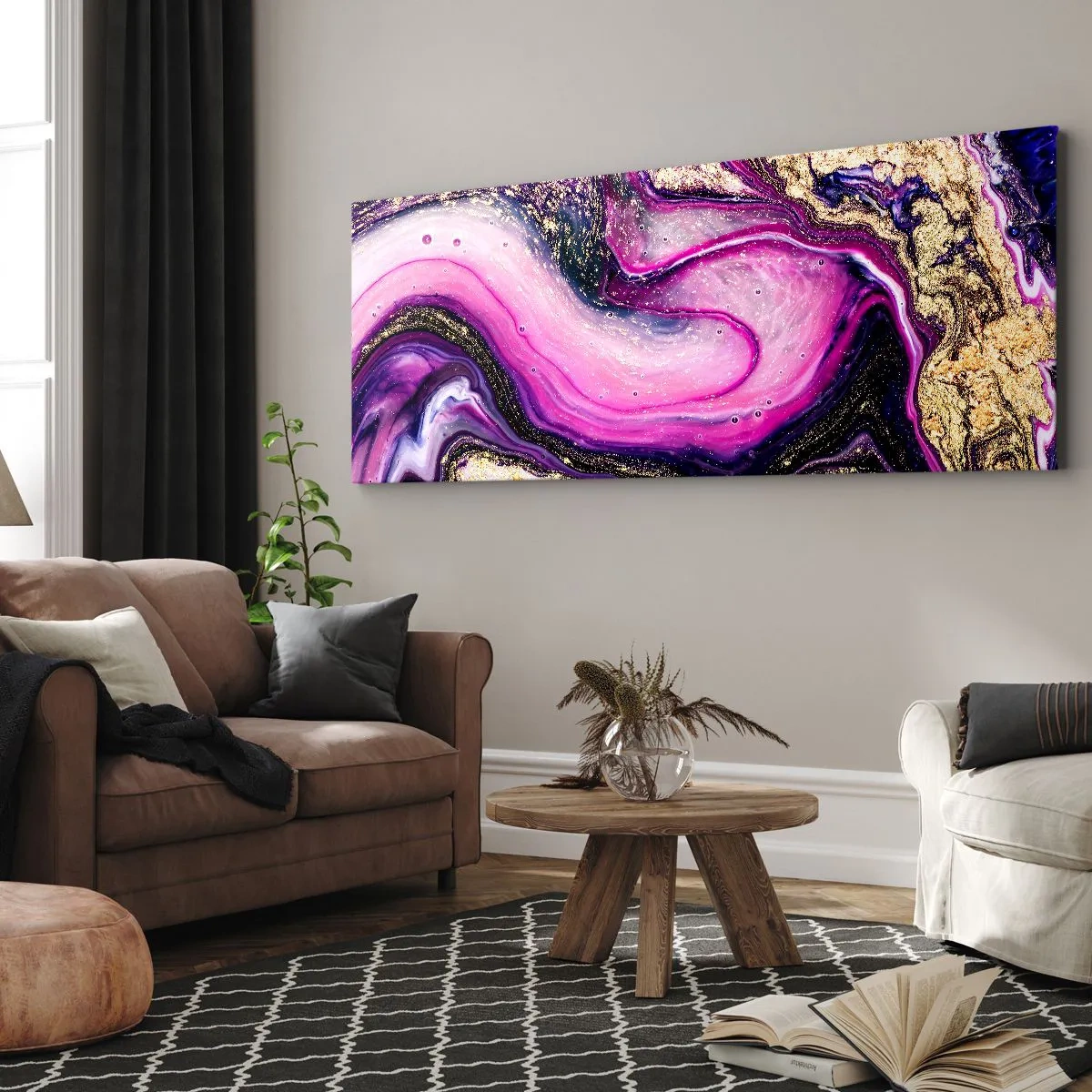 Bild auf Leinwand - Leinwandbild - Abstrakte Wellen in Lila- und Goldtönen - 160x50cm - Ein Moment hinter den Kulissen - Moderne Wanddekoration für Wohnzimmer und Schlafzimmer ARTTOR
