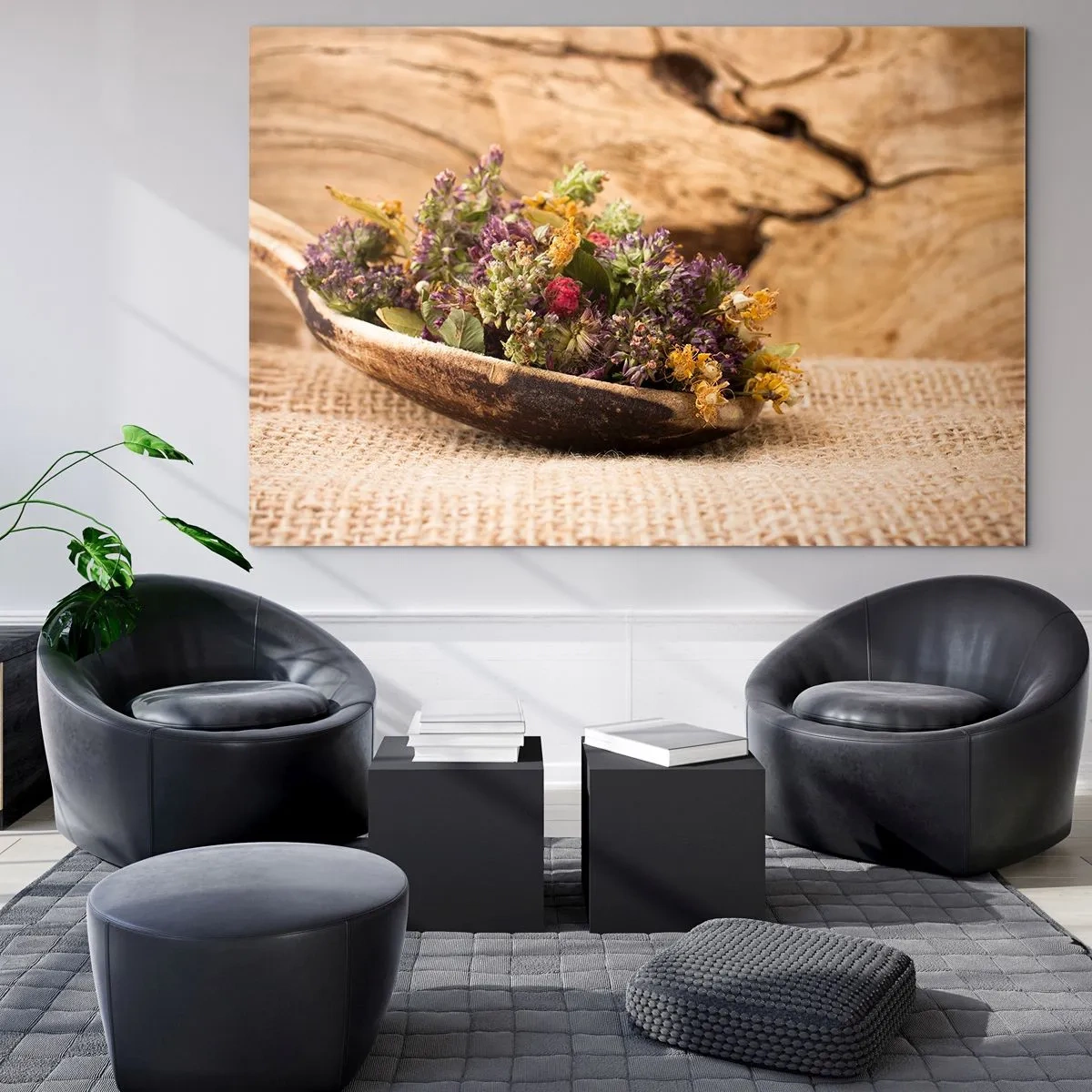 Glasbild - Bild auf glas - Getrocknete Kräuter in einem Holzlöffel auf rustikalem Hintergrund - 70x50cm - Bunte Blumen und duftende Kräuter - Moderne Wanddekoration für Wohnzimmer und Schlafzimmer ARTTOR