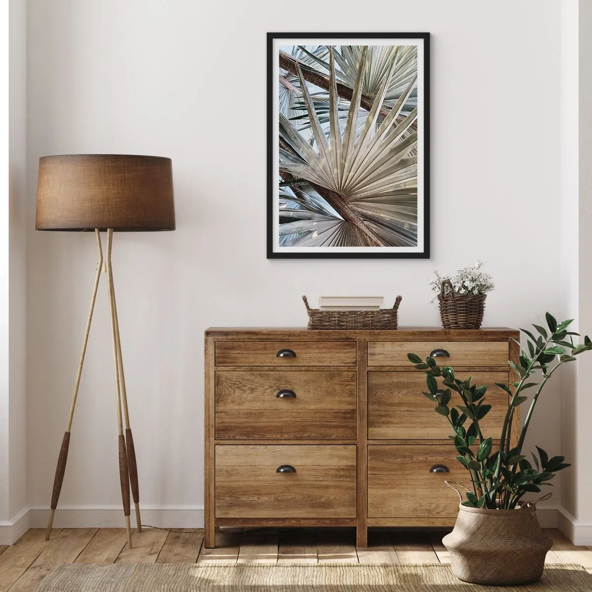 Poster in einem schwarzem Rahmen - Nahaufnahme von Palmblättern in Pastelltönen - 50x70cm - Fans in den Tropen - Moderne Wanddekoration für Wohnzimmer und Schlafzimmer ARTTOR