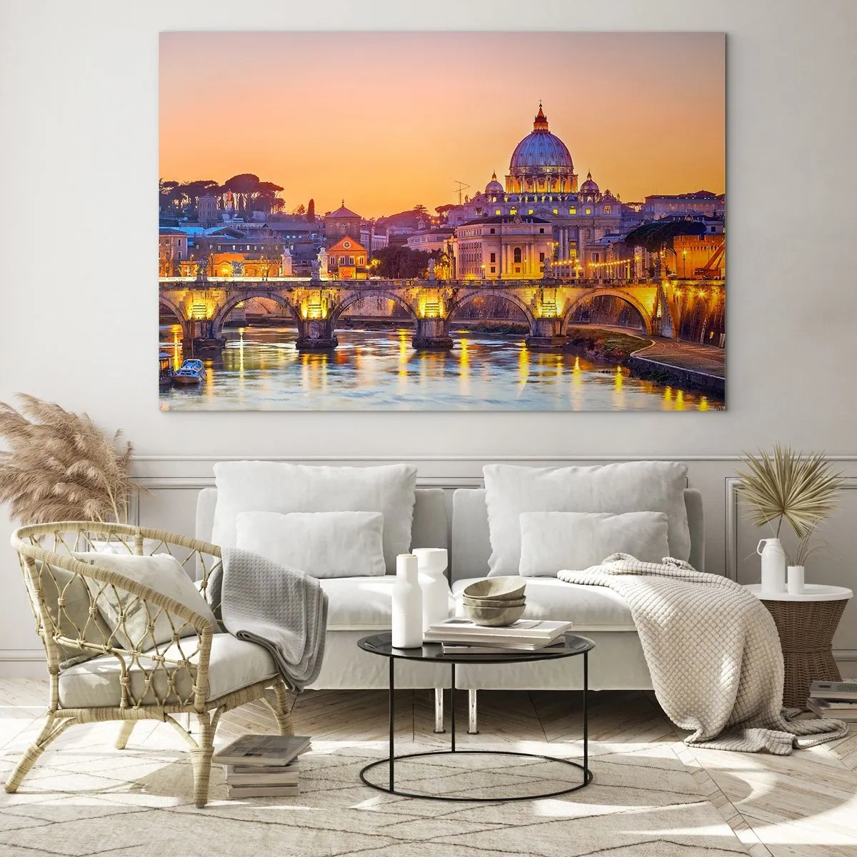 Glasbild - Bild auf glas - Brücke und Basilika in Rom bei Sonnenuntergang - 120x80cm - Sonnenuntergang über der ewigen Stadt - Moderne Wanddekoration für Wohnzimmer und Schlafzimmer ARTTOR