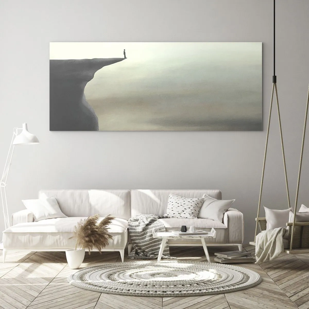 Glasbild - Bild auf glas - Silhouette einer Figur am Rand einer Klippe in einer nebligen Landschaft - 140x50cm - Nach oben, natürlich! - Moderne Wanddekoration für Wohnzimmer und Schlafzimmer ARTTOR
