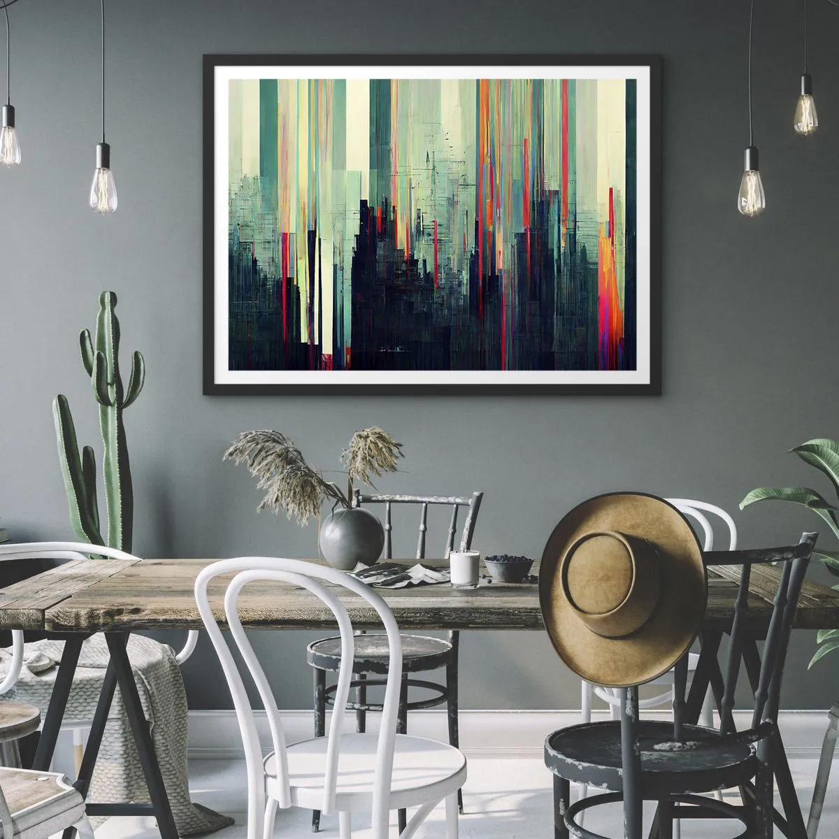 Poster in einem schwarzem Rahmen - Abstraktion mit vertikalen Linien und einer Stadtsilhouette - 100x70cm - Futuristische Stadt - Moderne Wanddekoration für Wohnzimmer und Schlafzimmer ARTTOR