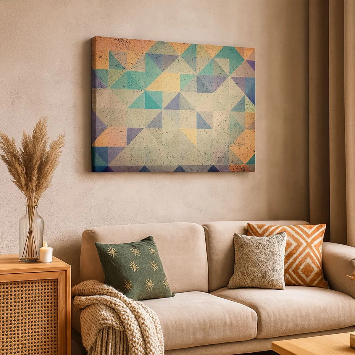Bild auf Leinwand - Leinwandbild - Eine farbenfrohe Komposition aus geometrischen Dreiecken in Pastelltönen. - 70x50cm - Republik der Dreiecke - Moderne Wanddekoration für Wohnzimmer und Schlafzimmer ARTTOR