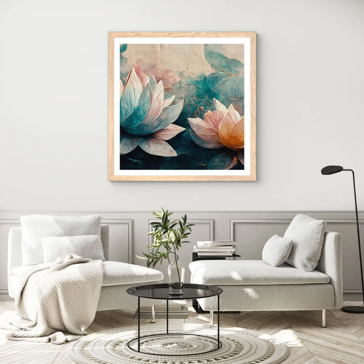 Poster in einem Rahmen aus heller Eiche - Seesterne - 50x50 cm