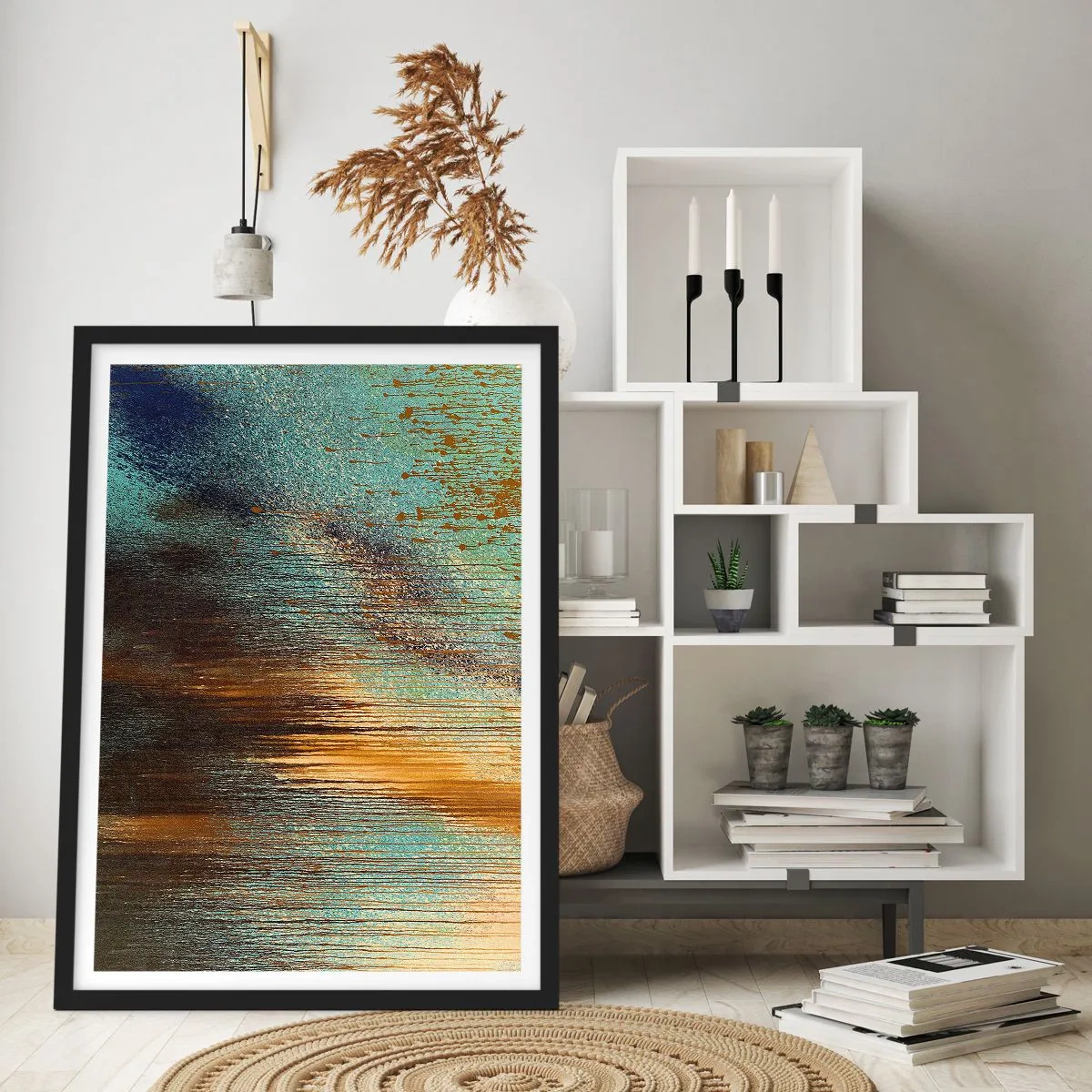 Poster in einem schwarzem Rahmen - Eine abstrakte Komposition aus goldenen und blauen Pinselstrichen. - 50x70cm - Eine nicht zufällige farbenfrohe Komposition - Moderne Wanddekoration für Wohnzimmer und Schlafzimmer ARTTOR