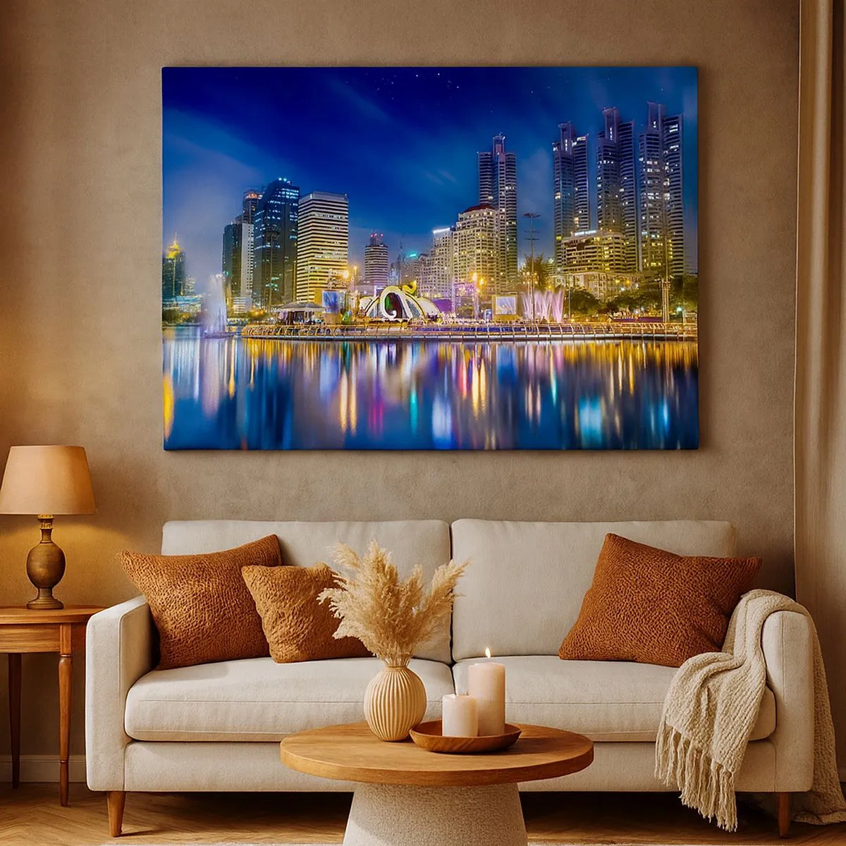 Bild auf Leinwand - Leinwandbild - Nachtpanorama der Stadt mit auf dem Wasser reflektierten Lichtern - 70x50cm - Metropolis bei Regenbogennacht - Moderne Wanddekoration für Wohnzimmer und Schlafzimmer ARTTOR