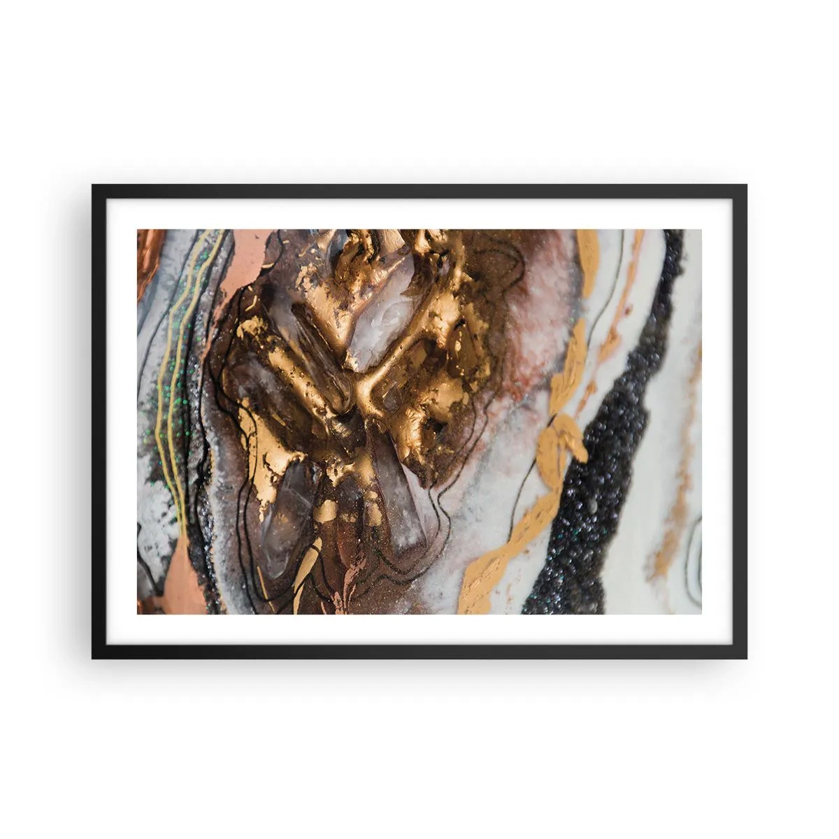 Poster in einem schwarzem Rahmen - Abstrakte Komposition mit Elementen aus Gold und Kristallen - 70x50cm - Das Element der Erde - Moderne Wanddekoration für Wohnzimmer und Schlafzimmer ARTTOR