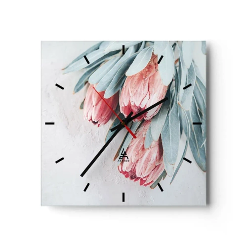 Wanduhr - Glasuhr - Dezente rosa Protea-Blüten auf hellem Hintergrund - 30x30cm - Schämen sich für ihre eigene Schönheit - Moderne Wanddekoration für Wohnzimmer und Schlafzimmer ARTTOR