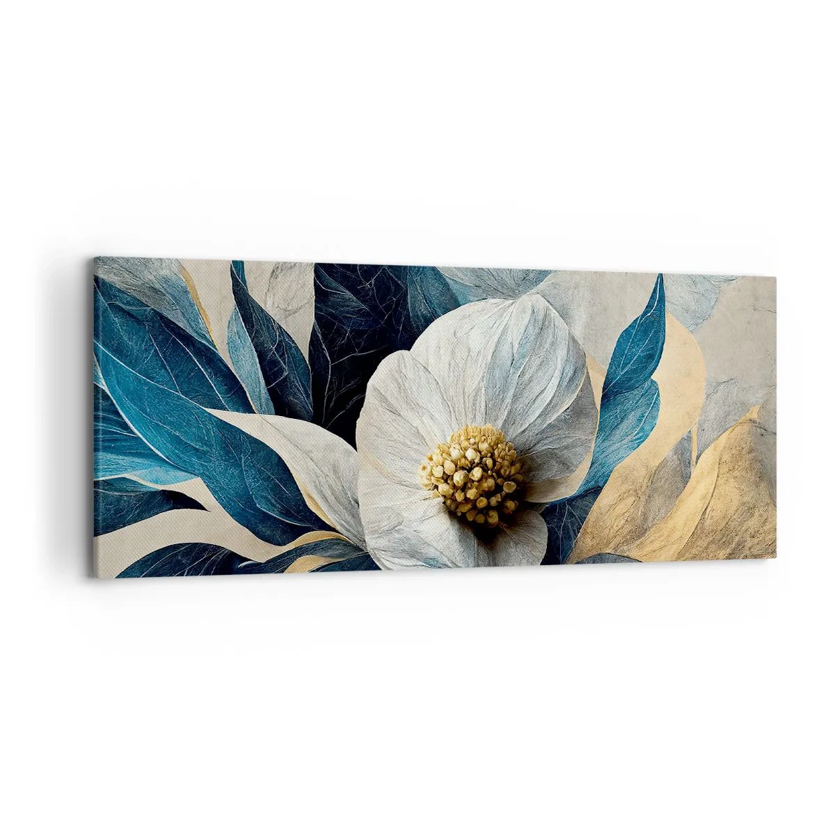 Bild auf Leinwand - Leinwandbild - Eine Blume mit blauen Blättern auf einem eleganten Hintergrund - 120x50cm - Er hat ein Herz aus Gold - Moderne Wanddekoration für Wohnzimmer und Schlafzimmer ARTTOR