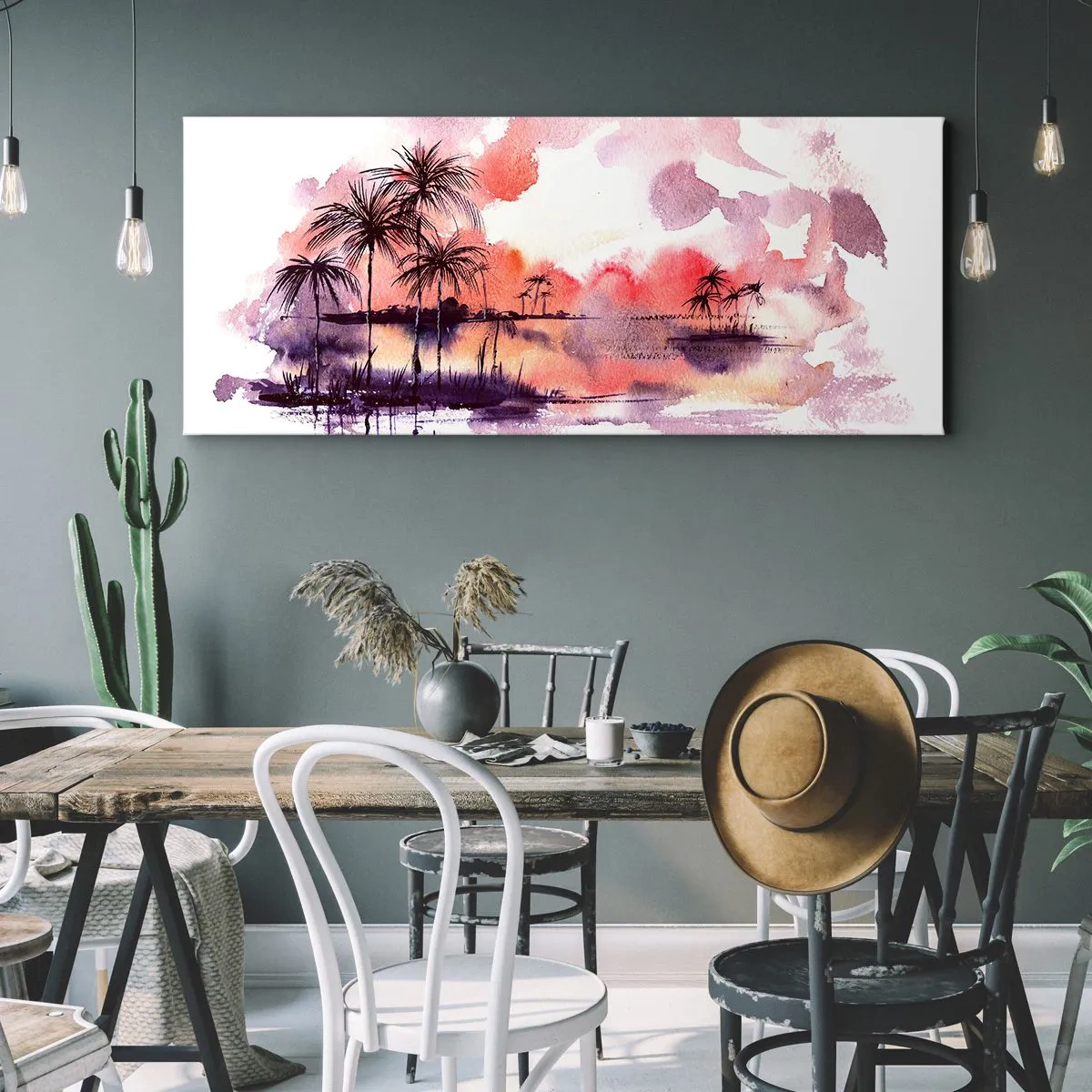 Bild auf Leinwand - Leinwandbild - Tropische Landschaft mit Palmen bei Sonnenuntergang in Aquarell - 120x50cm - Die Ruhe der Tropen in Rot - Moderne Wanddekoration für Wohnzimmer und Schlafzimmer ARTTOR