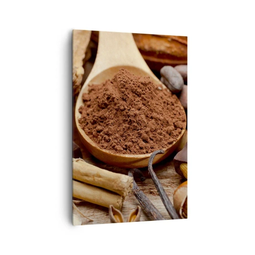 Bild auf Leinwand - Leinwandbild - Ein Löffel Kakao- und Schokoladenzutaten in einem rustikalen Arrangement - 80x120cm - Die Beste gegen Sorgen - Moderne Wanddekoration für Wohnzimmer und Schlafzimmer ARTTOR