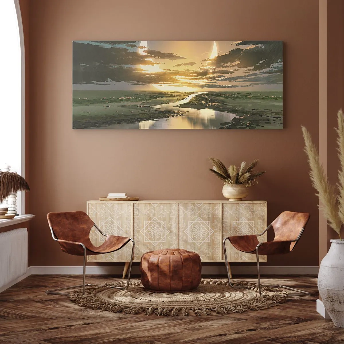 Bild auf Leinwand - Leinwandbild - Eine fantastische Landschaft mit zwei Monden am Horizont - 120x50cm - Irgendwo in einer weit, weit entfernten Galaxie - Moderne Wanddekoration für Wohnzimmer und Schlafzimmer ARTTOR