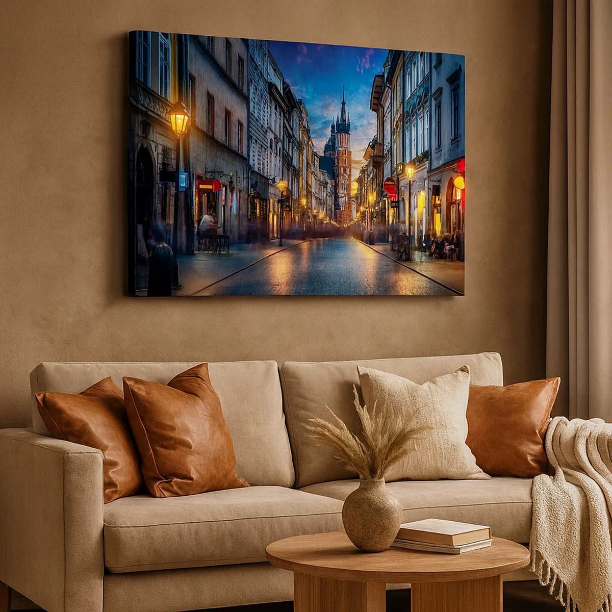 Bild auf Leinwand - Leinwandbild - Abendliche Straße mit Blick auf die Krakauer Kathedrale - 70x50cm - Krakauer Charme - Moderne Wanddekoration für Wohnzimmer und Schlafzimmer ARTTOR
