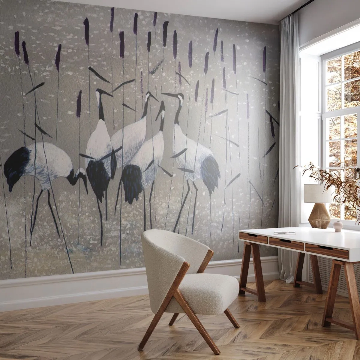 Fototapete Premium Sand - Kraniche im Schilf vor dem Hintergrund einer ruhigen Landschaft - 100x70cm - Unter ihren eigenen - Moderne Wanddekoration für Wohnzimmer und Schlafzimmer ARTTOR