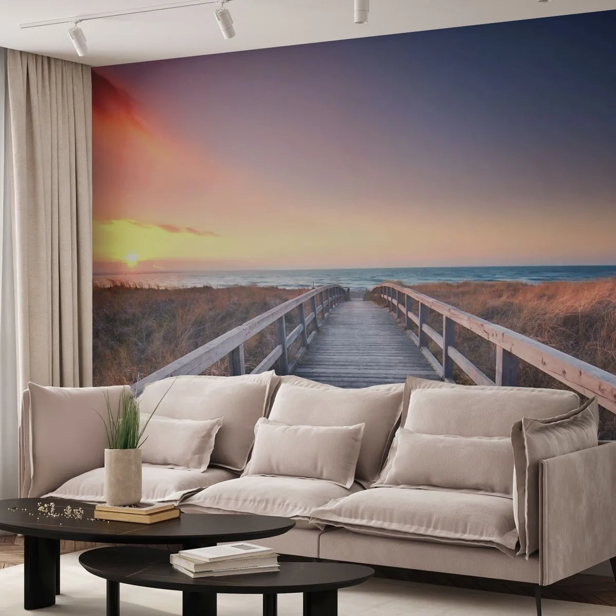 Fototapete Premium Sand - Holzsteg zum Strand bei Sonnenuntergang - 100x70cm - Baltische Abend-Aurora - Moderne Wanddekoration für Wohnzimmer und Schlafzimmer ARTTOR