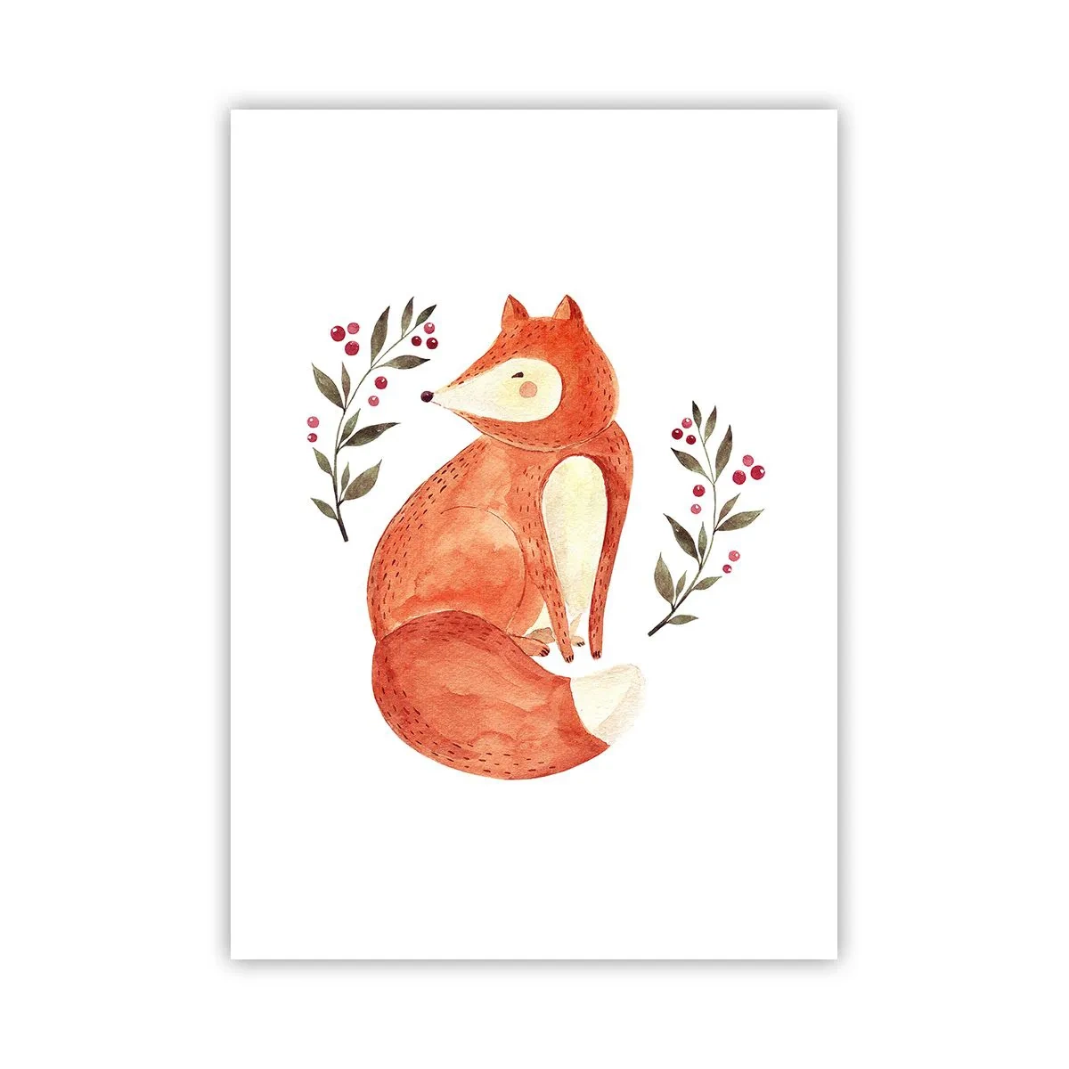 Poster - Illustration eines Fuchses, umgeben von Zweigen mit roten Früchten - 50x70cm - Kleine Rothaarige - Moderne Wanddekoration für Wohnzimmer und Schlafzimmer ARTTOR