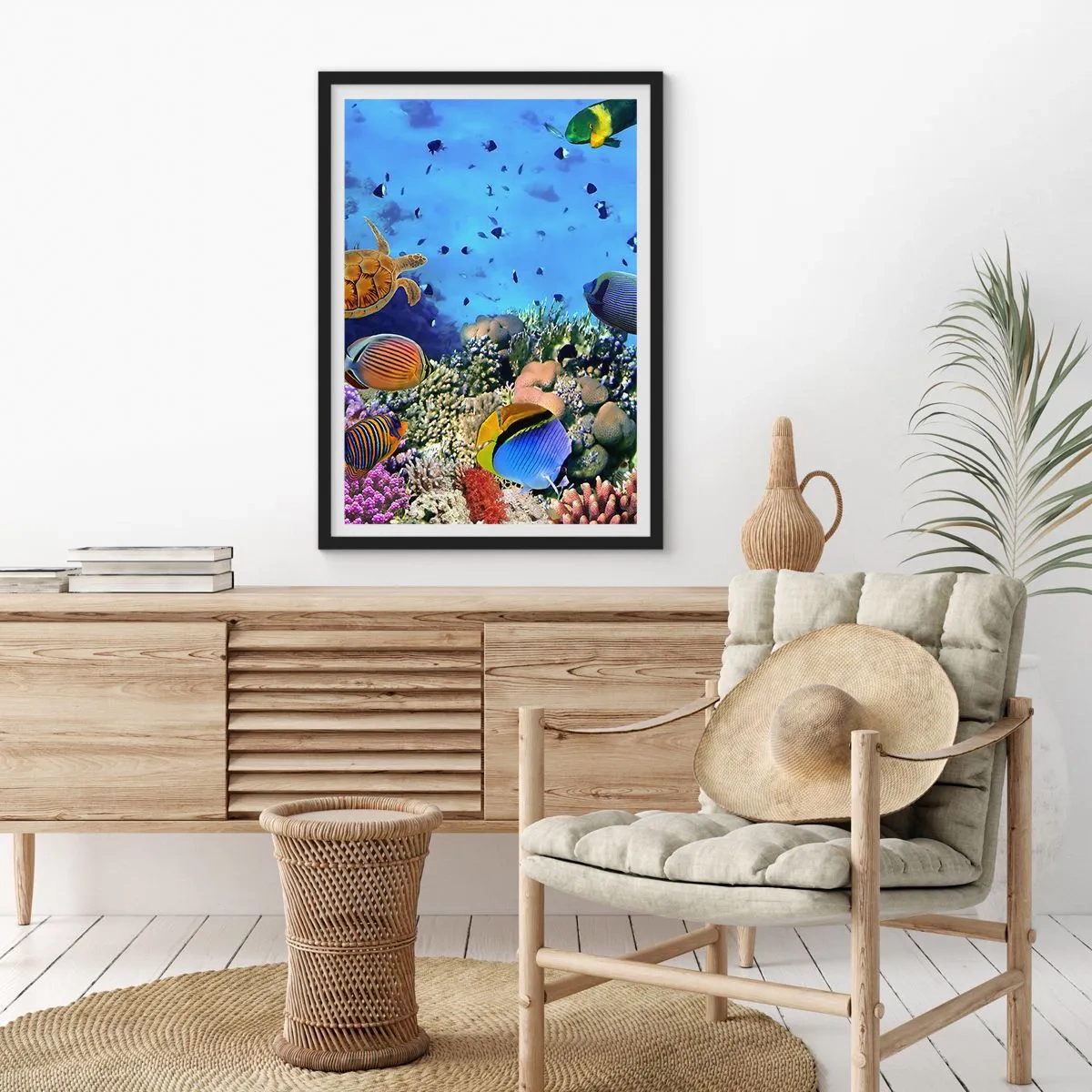 Poster in einem schwarzem Rahmen - Die Unterwasserwelt eines Korallenriffs mit tropischen Fischen - 50x70cm - Und was wissen wir über das Leben ... - Moderne Wanddekoration für Wohnzimmer und Schlafzimmer ARTTOR