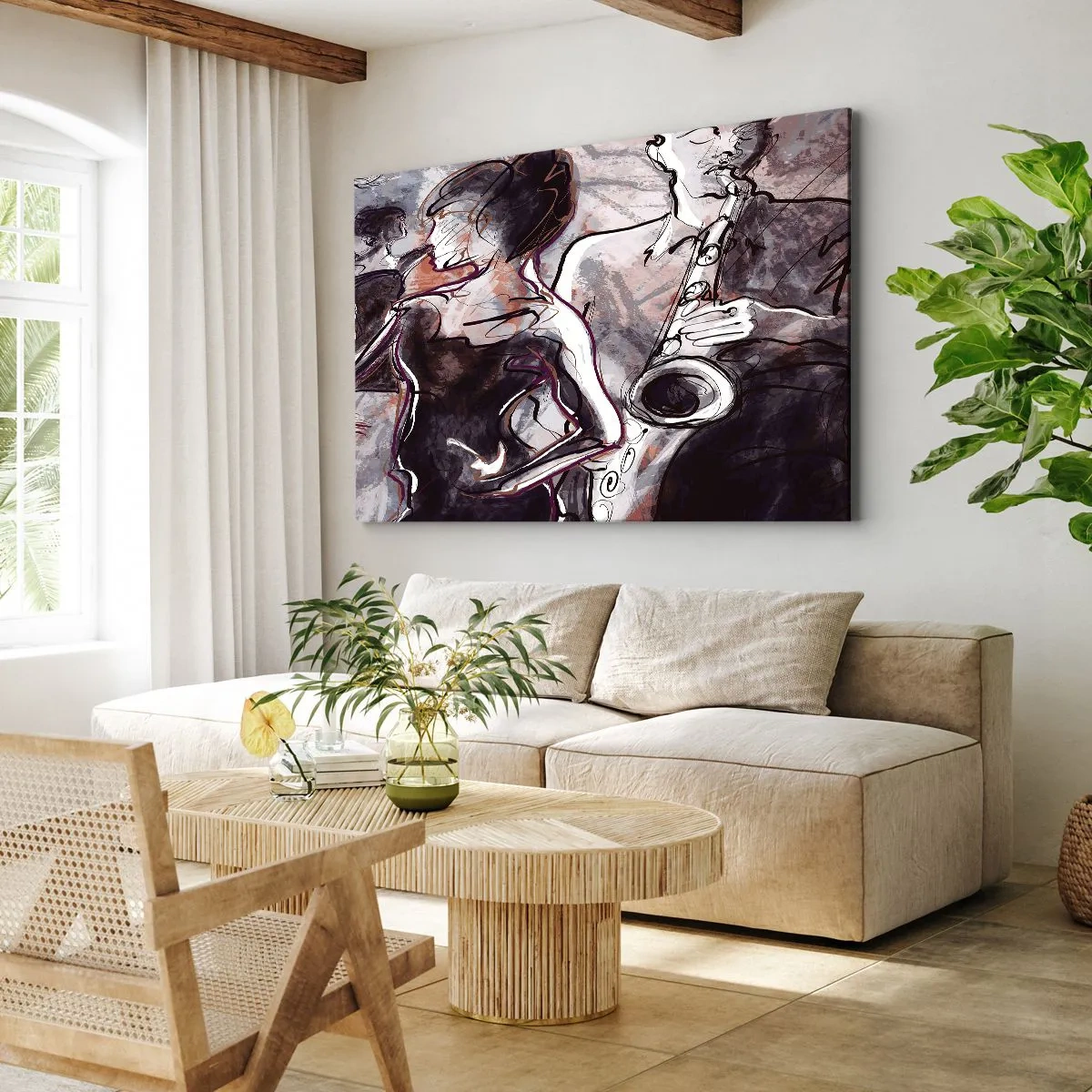 Bild auf Leinwand - Leinwandbild - Abstrakte Jazzszene mit einem Saxophonisten und einer tanzenden Frau. - 70x50cm - In der Musik auflösen - Moderne Wanddekoration für Wohnzimmer und Schlafzimmer ARTTOR