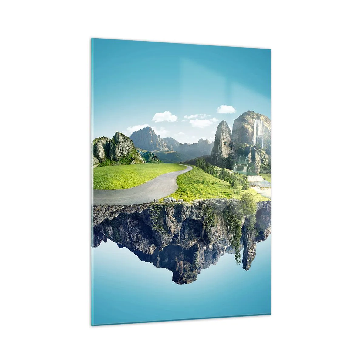 Glasbild - Bild auf glas - Eine schwimmende Insel mit Bergen, einem Wasserfall und viel Grün - 50x70cm - Fantastische Insel - Moderne Wanddekoration für Wohnzimmer und Schlafzimmer ARTTOR