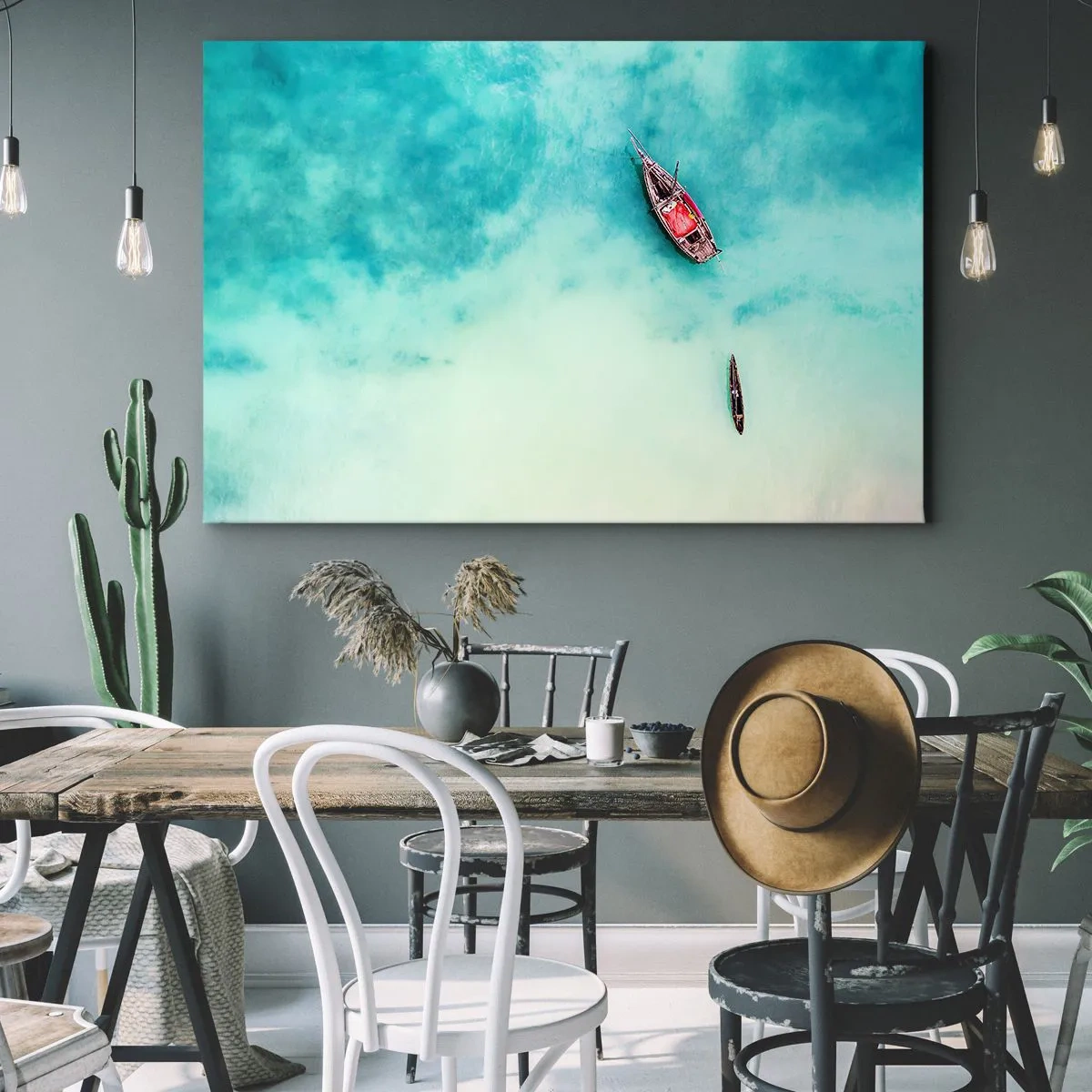 Bild auf Leinwand - Leinwandbild - Boote auf türkisfarbenem Wasser aus der Vogelperspektive - 70x50cm - Denn an den Stränden von Sansibar, wenn der Wasserüberschuss ... - Moderne Wanddekoration für Wohnzimmer und Schlafzimmer ARTTOR