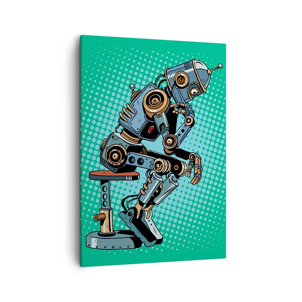 Bild auf Leinwand - Leinwandbild - Denkerroboter im Pop-Art-Stil auf grünem Hintergrund - 50x70cm - Über der Essenz des Seins - Moderne Wanddekoration für Wohnzimmer und Schlafzimmer ARTTOR