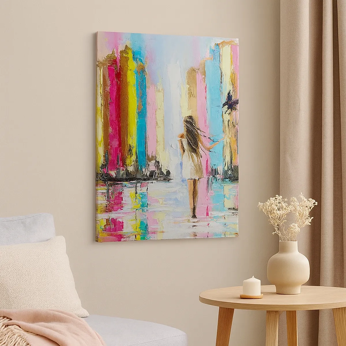 Bild auf Leinwand - Leinwandbild - Eine bunte Stadt und eine Frau in einem weißen Kleid mit einem Vogel - 50x70cm - Folge mir - Moderne Wanddekoration für Wohnzimmer und Schlafzimmer ARTTOR