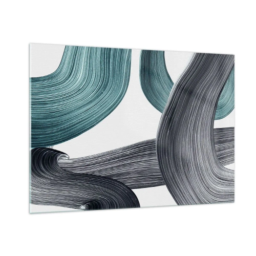 Glasbild - Bild auf glas - Dynamische Streifen in Smaragd- und Schwarztönen auf weißem Hintergrund - 100x70cm - Smaragdgrüne und schwarze Pfade - Moderne Wanddekoration für Wohnzimmer und Schlafzimmer ARTTOR