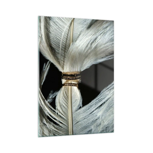 Glasbild - Bild auf glas - Nahaufnahme von Eheringen auf weißen Federn vor schwarzem Hintergrund - 50x70cm - ... und ich werde dich nicht verlassen ... - Moderne Wanddekoration für Wohnzimmer und Schlafzimmer ARTTOR