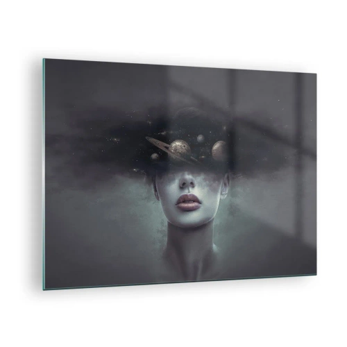 Glasbild - Bild auf glas - Eine Frau mit Planeten als Kopf in einer surrealen Komposition - 70x50cm - Und die Planeten spielen verrückt ... - Moderne Wanddekoration für Wohnzimmer und Schlafzimmer ARTTOR