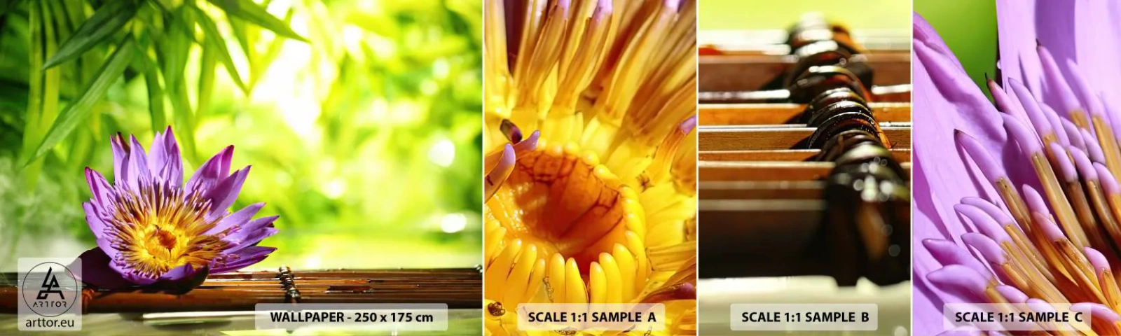 Fototapeten Muster Selbstklebend Deluxe Sticker - In der asiatischen Sonne - Blume, Lotus Blume, Bambus - 100x30 cm