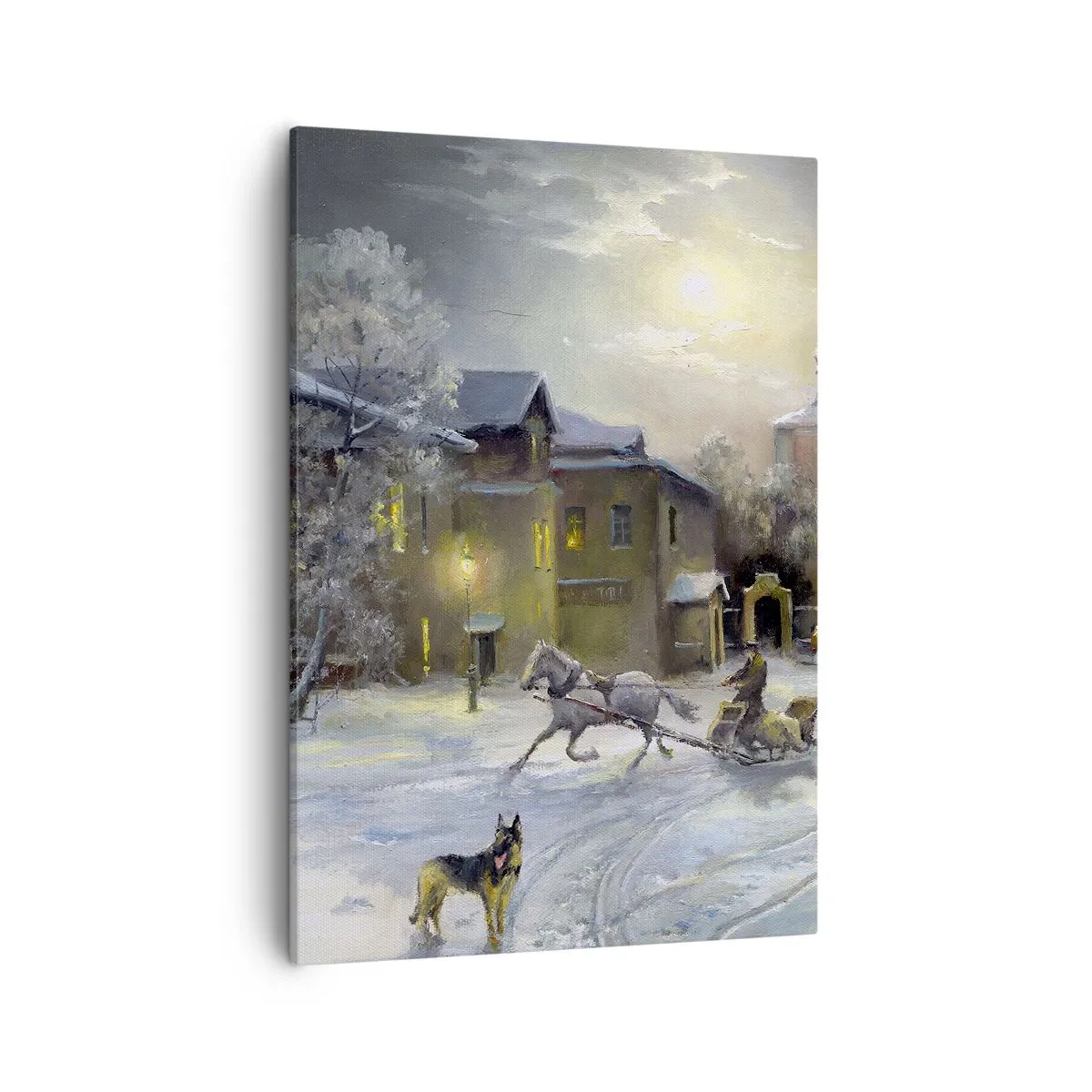 Bild auf Leinwand - Leinwandbild - Winterlandschaft in einer russischen Stadt mit Schlitten und Kirche - 50x70cm - Die Magie des russischen Winters - Moderne Wanddekoration für Wohnzimmer und Schlafzimmer ARTTOR
