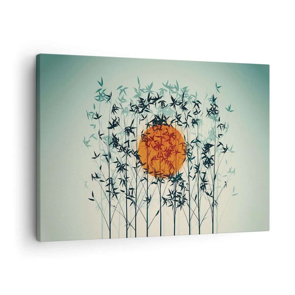 Bild auf Leinwand - Leinwandbild - Orange Sonne zwischen den Bambuszweigen - 70x50cm - Japanische Sonne - Moderne Wanddekoration für Wohnzimmer und Schlafzimmer ARTTOR