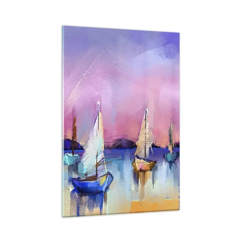 Glasbild - Bild auf glas - Segelboote auf ruhigem Meer in den Pastellfarben des Sonnenuntergangs - 80x120cm - Richtung: breites Wasser - Moderne Wanddekoration für Wohnzimmer und Schlafzimmer ARTTOR