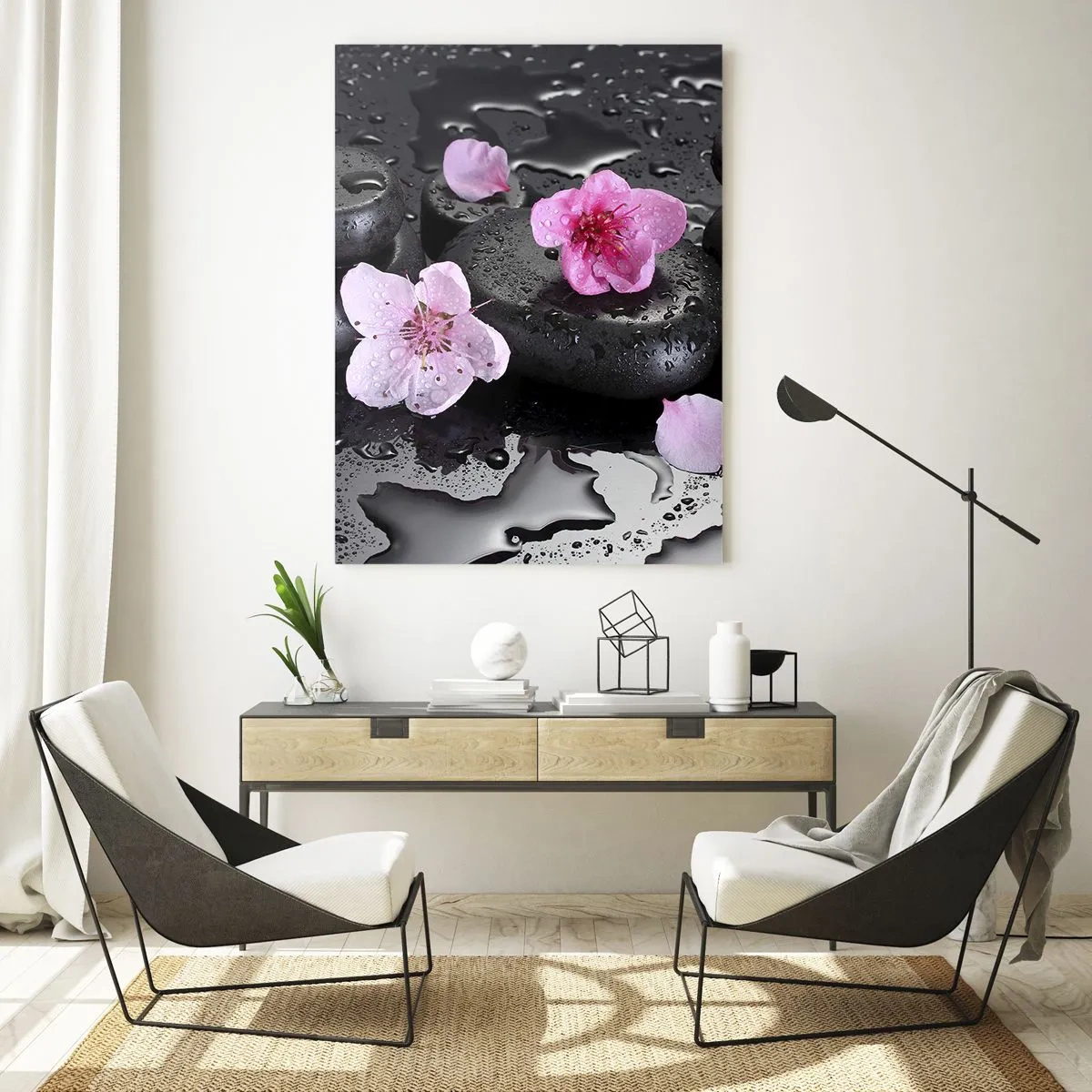 Glasbild - Bild auf glas - Spa-Steine mit Blumen auf nassem Hintergrund - 50x70cm - Und der Stein fällt vom Herzen - Moderne Wanddekoration für Wohnzimmer und Schlafzimmer ARTTOR