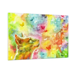 Glasbild - Bild auf glas - Eine Katze beobachtet bunte Schmetterlinge vor einem pastellfarbenen Hintergrund. - 120x80cm - Baju-baju im Katzenparadies - Moderne Wanddekoration für Wohnzimmer und Schlafzimmer ARTTOR