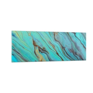 Glasbild - Bild auf glas - Abstrakte Wellen in Türkis- und Goldtönen - 140x50cm - Türkisfarbene Flut - Moderne Wanddekoration für Wohnzimmer und Schlafzimmer ARTTOR
