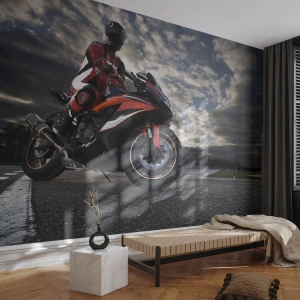 Fototapete Premium Canvas - Dunkler Reiter - Automobil, Motorrad, Wettrennen - 300x210 cm