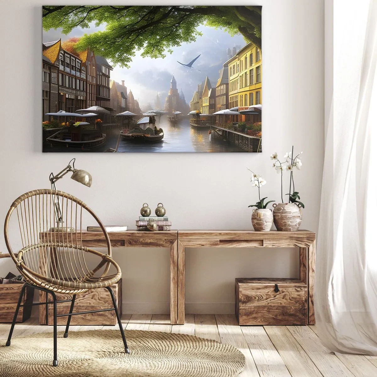 Bild auf Leinwand - Leinwandbild - Eine malerische holländische Landschaft mit einem Kanal und Mietshäusern - 120x80cm - Niederländisches Stadtbild - Moderne Wanddekoration für Wohnzimmer und Schlafzimmer ARTTOR