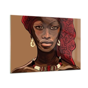 Glasbild - Bild auf glas - Stilisiertes Porträt einer Frau mit rotem Turban und Schmuck. - 100x70cm - Venus aus Ebenholz  - Moderne Wanddekoration für Wohnzimmer und Schlafzimmer ARTTOR