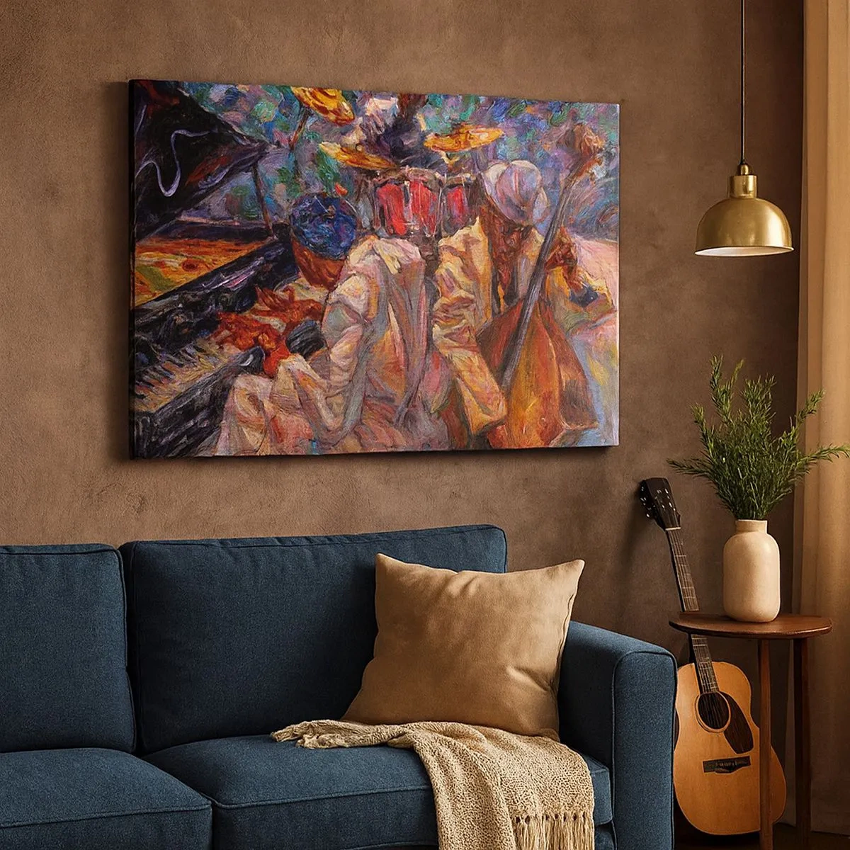 Bild auf Leinwand - Leinwandbild - Energetische Jazzszene mit Musikern und Instrumenten - 70x50cm - In einem Schlag - Moderne Wanddekoration für Wohnzimmer und Schlafzimmer ARTTOR