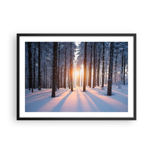 Poster in einem schwarzem Rahmen - Winterwald, beleuchtet von den Sonnenstrahlen - 70x50cm - Ganz klar schwarz auf weiß - Moderne Wanddekoration für Wohnzimmer und Schlafzimmer ARTTOR
