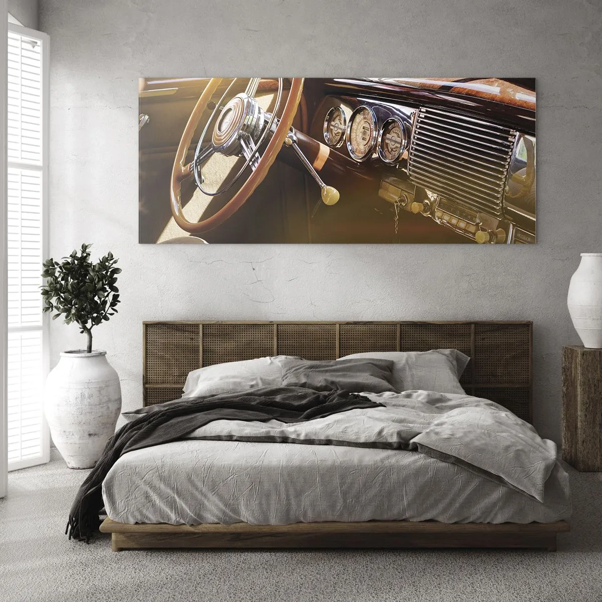 Glasbild - Bild auf glas - Nahaufnahme des Innenraums eines Oldtimers mit Holz- und Chromdetails. - 120x50cm - Ein Hauch von Luxus aus der Vergangenheit - Moderne Wanddekoration für Wohnzimmer und Schlafzimmer ARTTOR