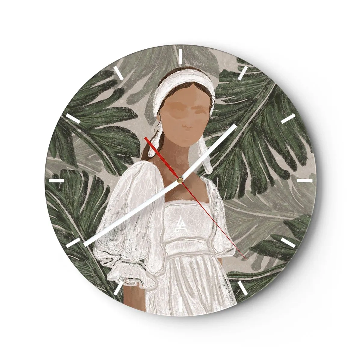 Wanduhr - Glasuhr - Stilisiertes Porträt einer Frau vor einem Hintergrund aus tropischen Blättern. - 30x30cm - Exotisches Porträt - Moderne Wanddekoration für Wohnzimmer, Küche und Schlafzimmer ARTTOR