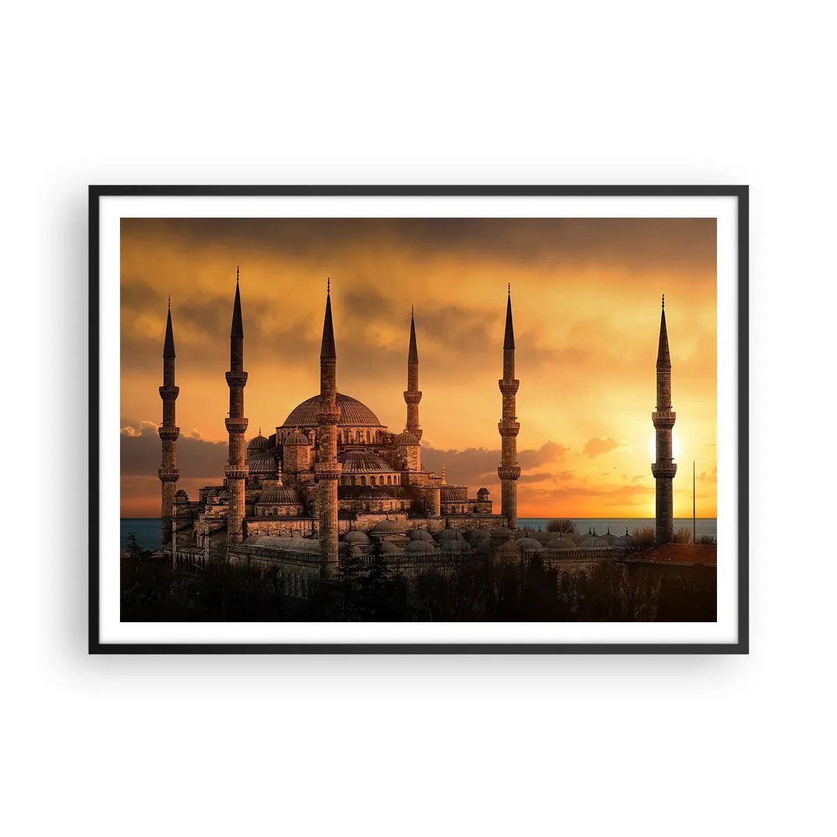 Poster in einem schwarzem Rahmen - Die Moschee bei Sonnenuntergang in warmen Farben - 100x70cm - Gott ist großartig - Moderne Wanddekoration für Wohnzimmer und Schlafzimmer ARTTOR