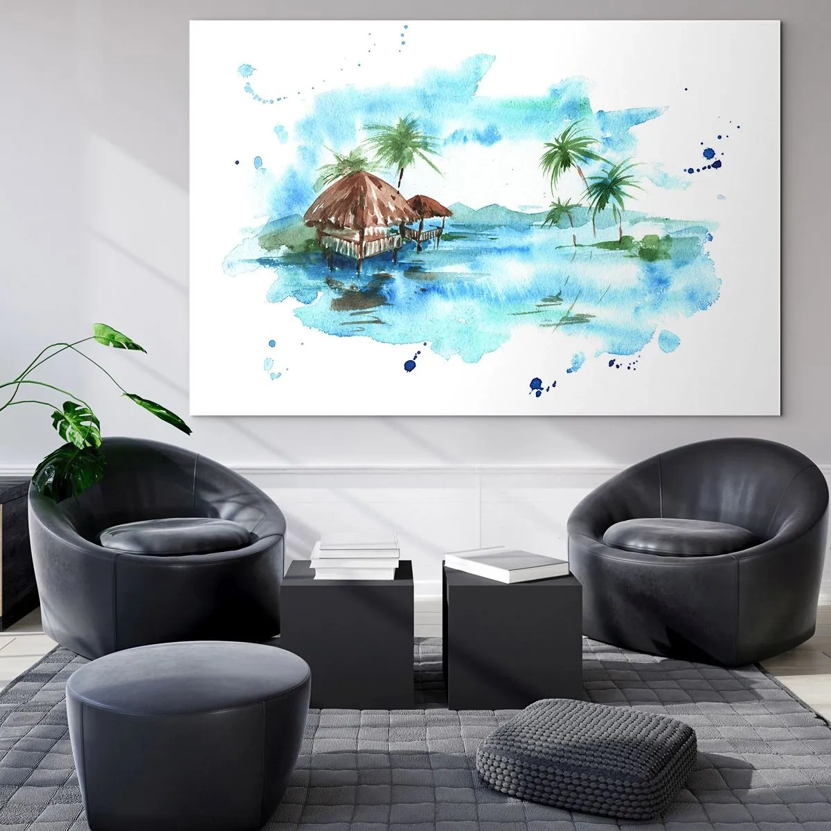 Glasbild - Bild auf glas - Tropische Landschaft mit Palmen und einem Cottage im Aquarellstil - 120x80cm - Irgendwo im Pazifik - Moderne Wanddekoration für Wohnzimmer und Schlafzimmer ARTTOR