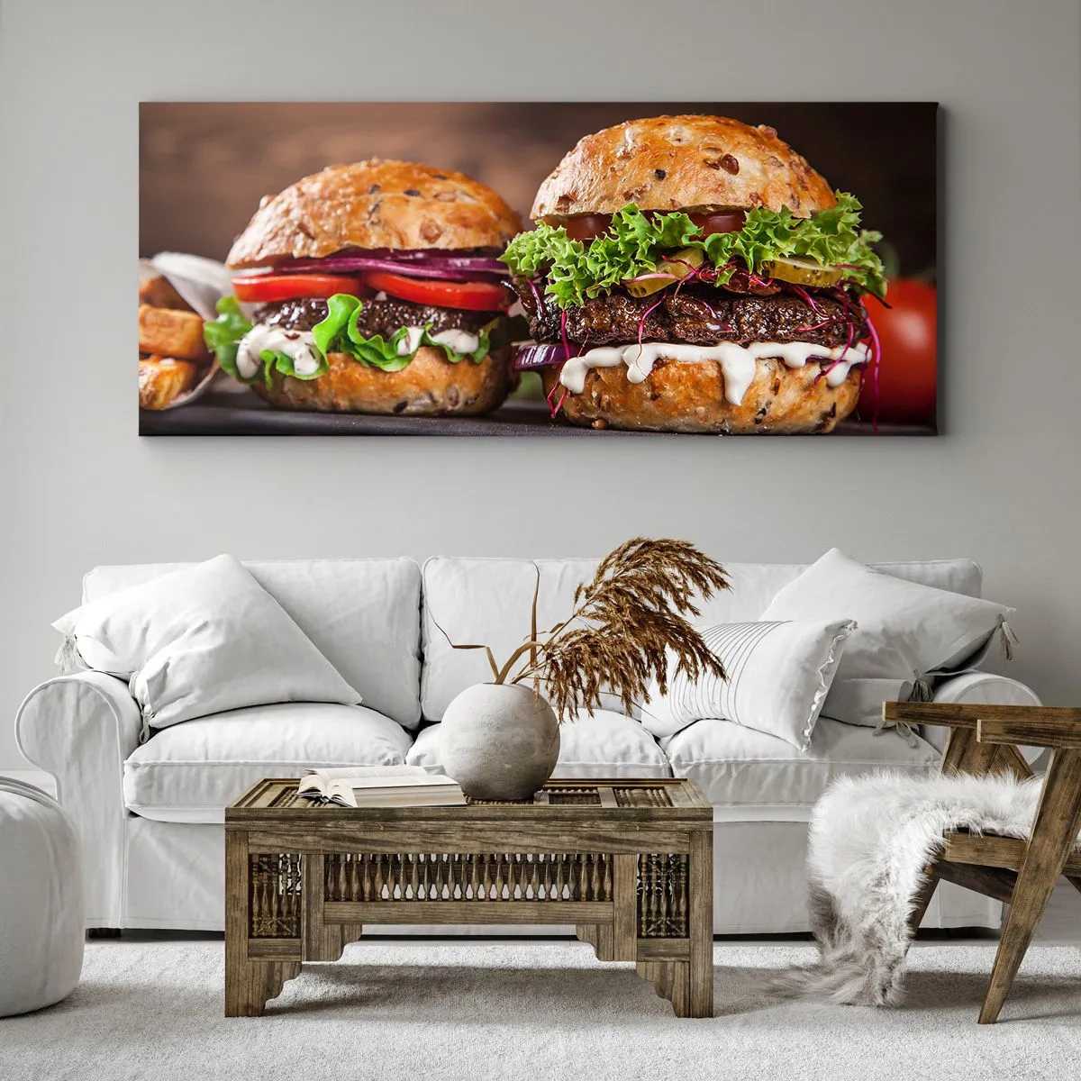 Bild auf Leinwand - Leinwandbild - Appetitliche Burger mit Gemüse und Sauce - 120x50cm - Amerikanischer Traum - Moderne Wanddekoration für Wohnzimmer und Schlafzimmer ARTTOR