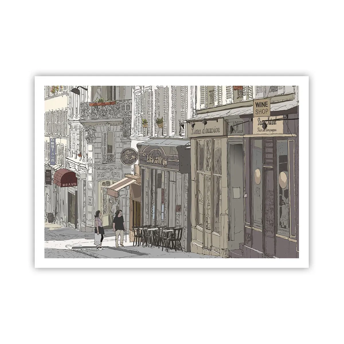 Poster - Abbildung einer Stadtstraße mit Cafés und Geschäften - 100x70cm - Stadtfreuden - Moderne Wanddekoration für Wohnzimmer und Schlafzimmer ARTTOR