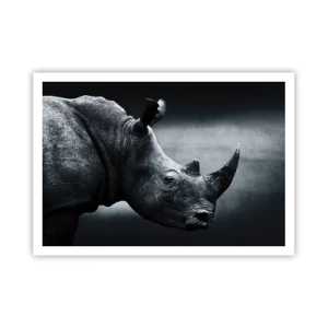 Poster - Schwarz-Weiß-Porträt eines Nashorns vor dunklem Hintergrund - 100x70cm - Richtiges Profil - Moderne Wanddekoration für Wohnzimmer und Schlafzimmer ARTTOR